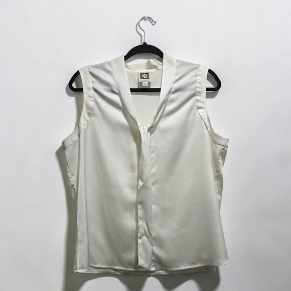 Anne Klein Ivory Sleeveless Tie Neck Blouse Silky Career Office Top PL (L035) - Picture 2 of 10